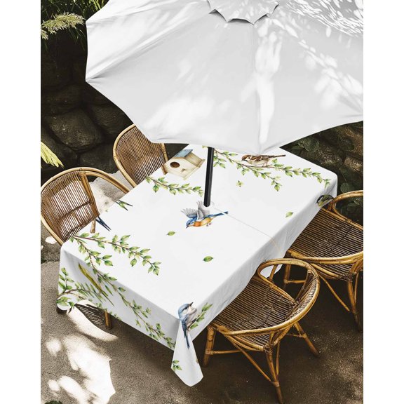 Outdoor Tablecloth with Umbrella Hole, Summer Green Leaf Bird Zippered Table Cloth for Rectangle Tables, Farmhouse Plant Birds Washable Waterproof Tablecloths for Picnic Patio Garden