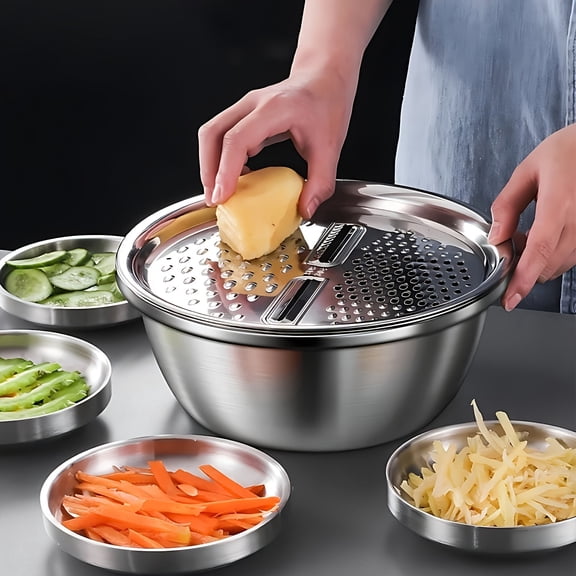 304 Stainless Steel Built-In Grinder Versatile Filter Mixing Bowl Food Strainer & Colander, Set of 3
