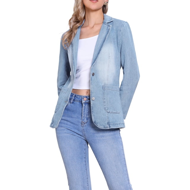 CHAQUETA DE DENIM INSPIRADA EN CHIC PARA MUJERES, BOTÓN ABAJO, SOLAPA MUESCA, DOS BOLSILLOS LATERALES, CHAQUETAS DE JEAN CASUAL TAMAÑO S AZUL CLARO