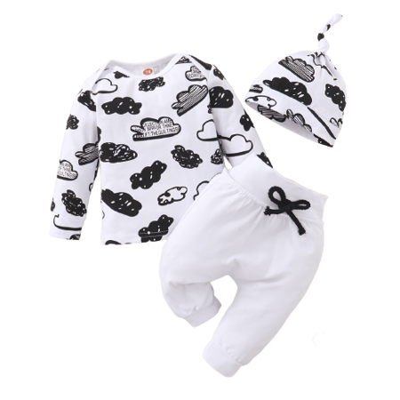 

Kucnuzki 12 Months Baby Boy Winter Outfits Pants Sets 18 Months Long Sleeve Cloud Prints Casual Tops Elastic Pants Hat 3PCS Set White