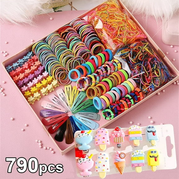 790 PCS Hair Accessories Set Colorful Hair Clips Ties Elastic Bands for Girls, Toddlers, Kids, Teens