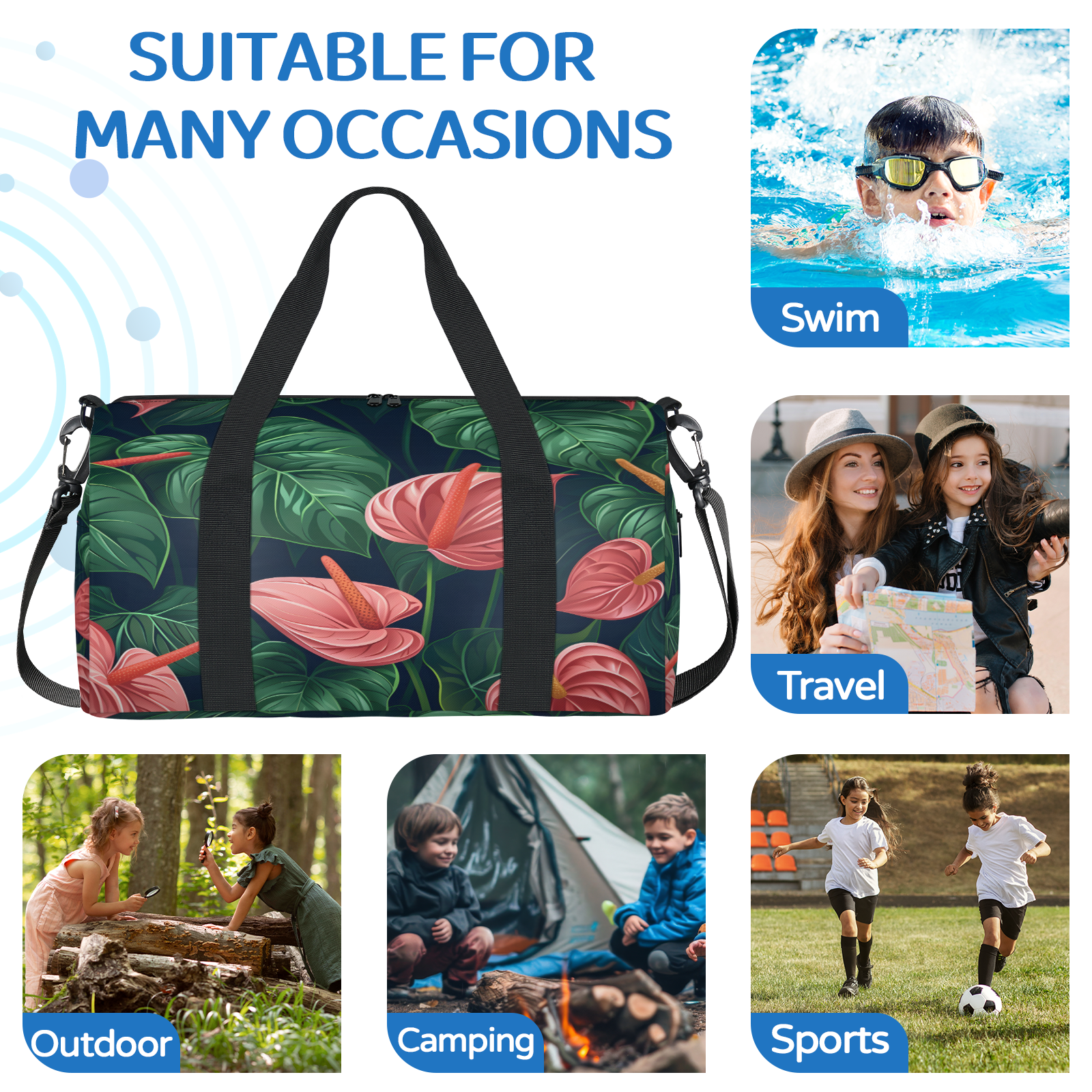 Herdesigns Tropical Gym Bag for Women, Duffle Bag for Travel Sport, Palm Leaves Floral Plants Lightweight Waterproof Carry on Weekender Dance Yoga Workout Bags