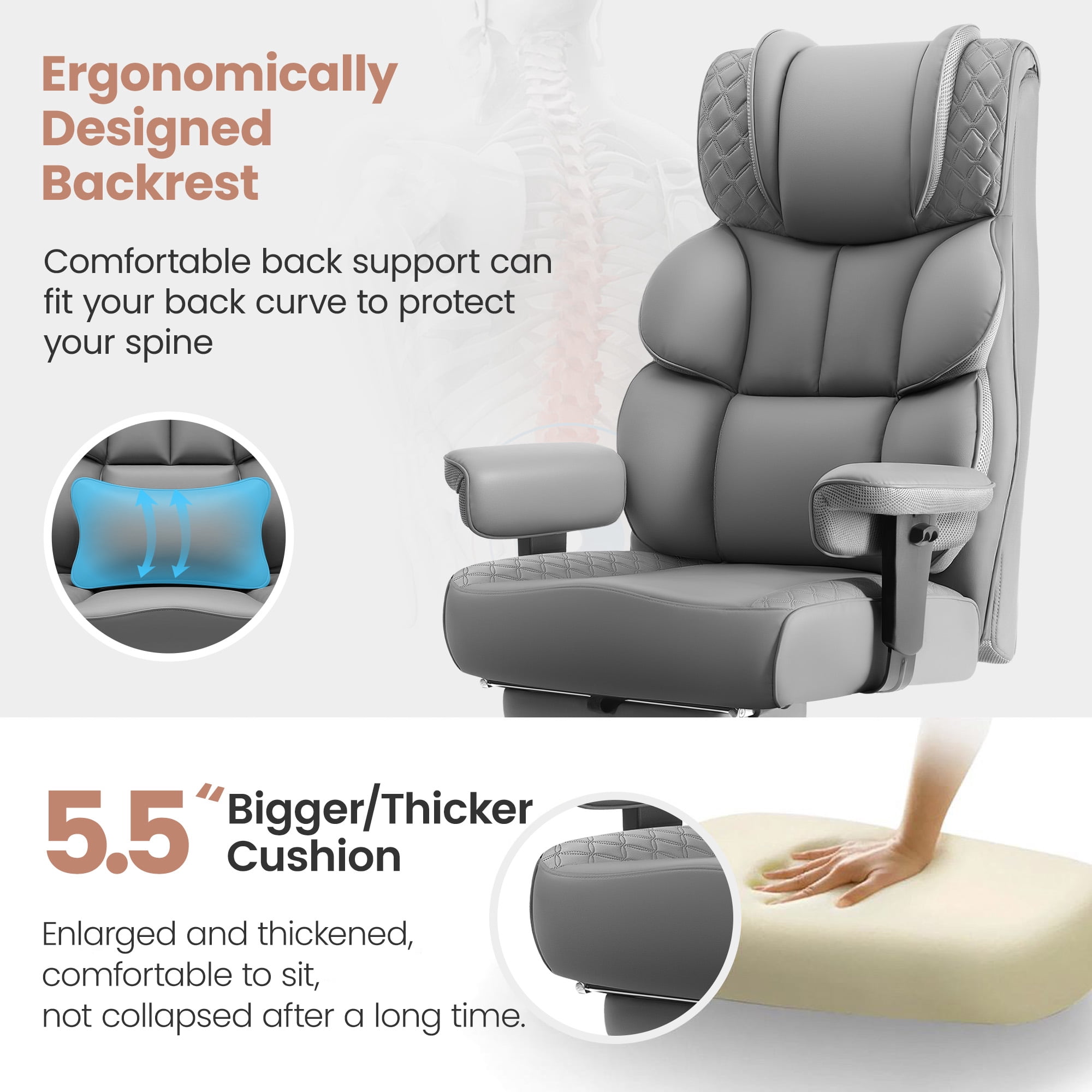 FASTES Office Chair, Big and Tall Desk Chairs with Footrest 400lbs Gaming Chair Ergonomic Executive High-Back Reclining Computer Chair Swivel Wheels and Padded Lumbar Support, Gray