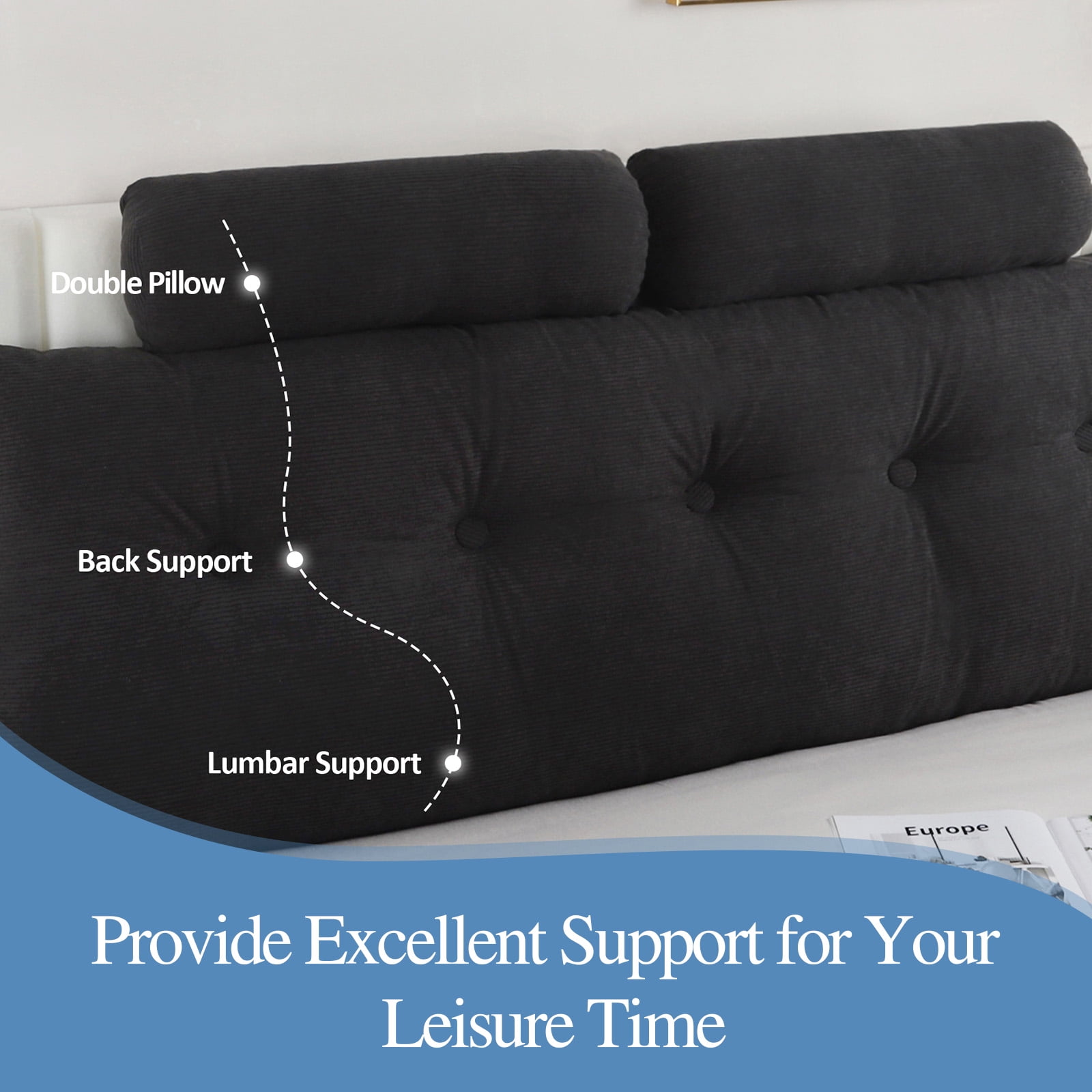 Lovote Bed Headboard Wedge Pillow with Neck Roll Pillow Ultimate Back Support and Comfort, 59"x20",Black