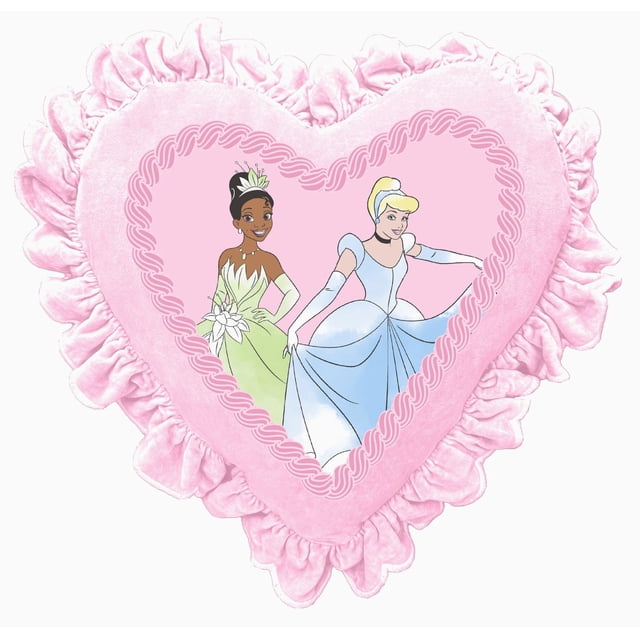 Pink heart-shaped décor pillow with ruffled edges showcasing illustrations of Disney princesses Tiana and Cinderella.