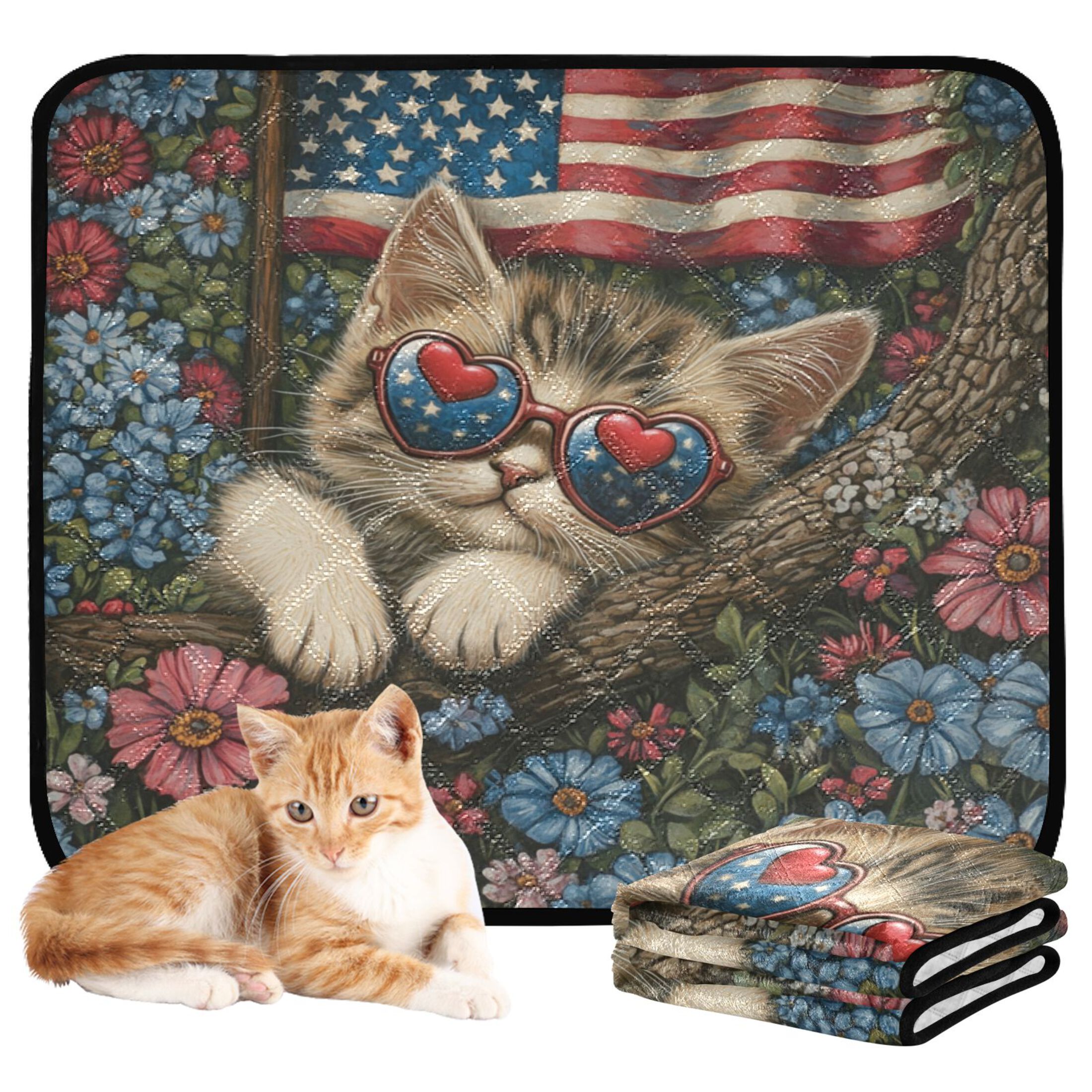 Qxltty American Flag Floral Cat Cat litter Pads Pet Set of 2 Diaper Mats Center Anti-leakage Layer Absorbent Soft and Comfortable