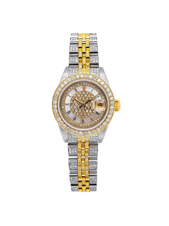 Pre-Owned Rolex Datejust 26MM 6917 Diamond Paved Mother of Pearl Roman Dial Diamond Bezel Two Tone Yellow Gold Full Diamond Jubilee Bracelet 5.25ct