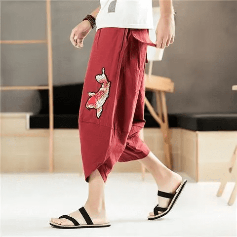 CHUANK Summer Thin Cotton Linen Loose-fit Wide Leg Thai Elephant Pants Men‘s Casual Seven-eighths Harem Pants
