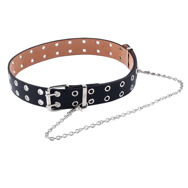 1 unid estilo punk cinturón de cuero cinturón de cintura pantalones vaqueros de moda cinturón con cadena para mujeres damas (dos filas de agujeros, negro)