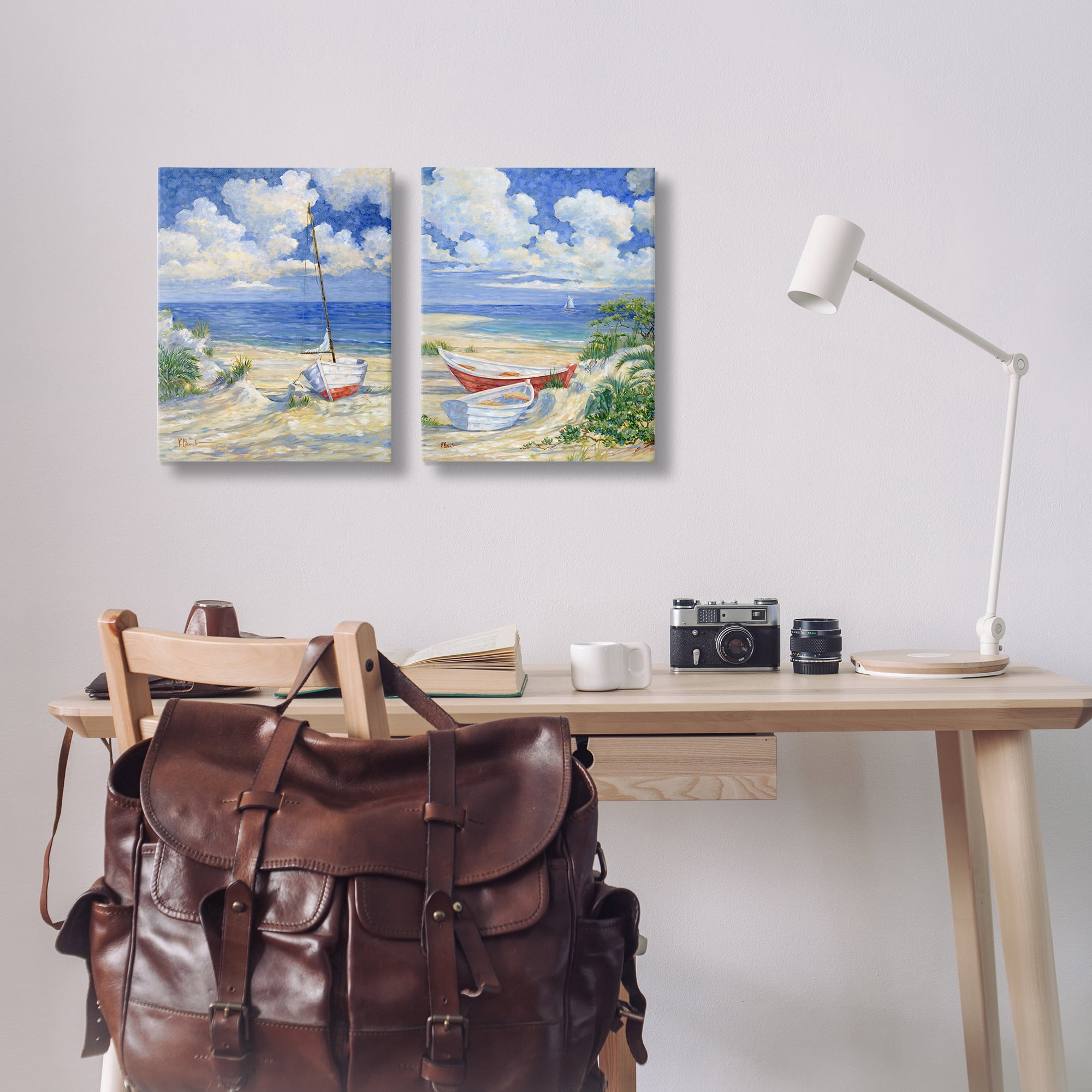 Stupell Industries Row Boat on Sandy Beach Nautical & Beach Painting Wrapped Canvas Art Print Wall Art, 16 x 20, Set of 2
