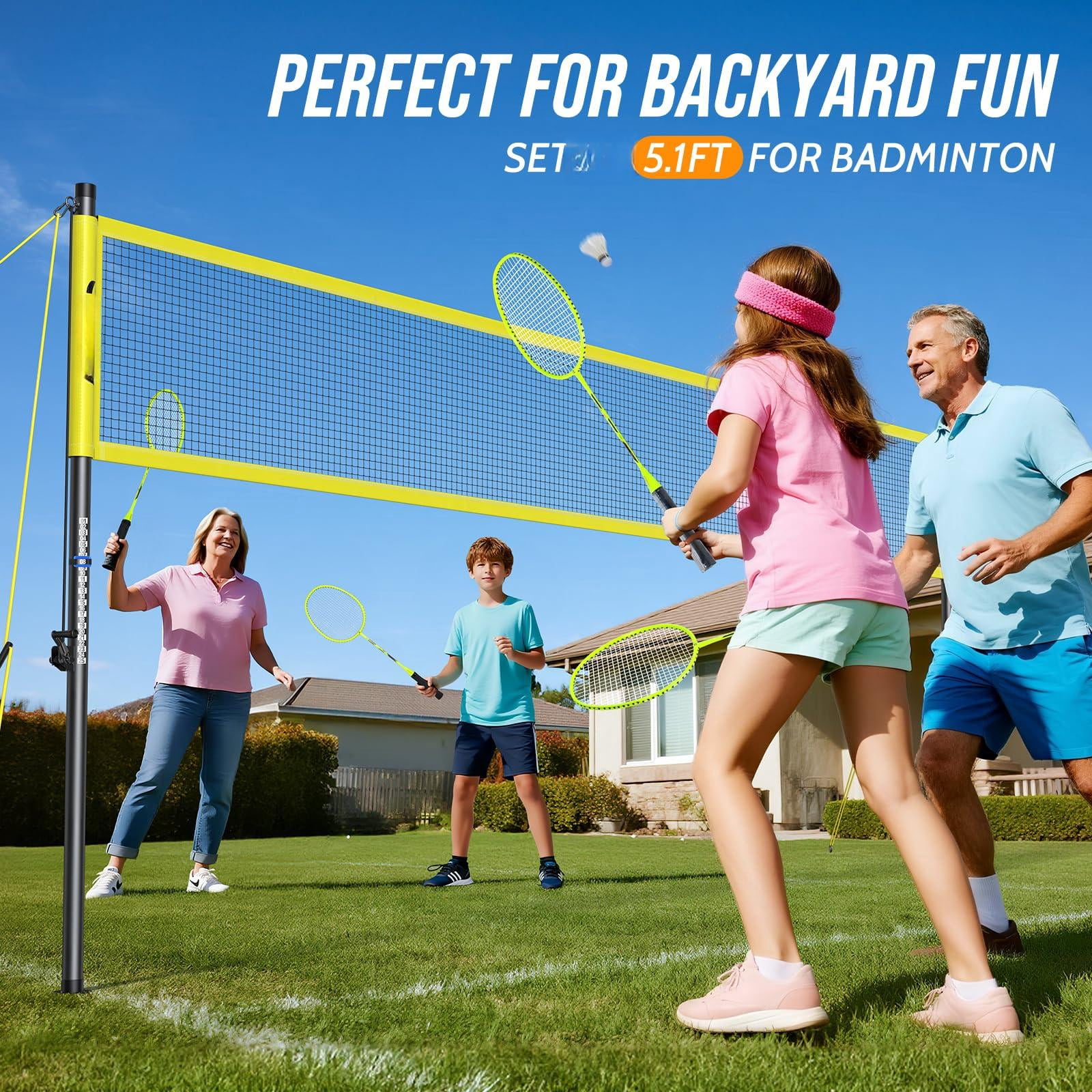 Volleyball Badminton Net Set Combo For Backyard Beach  2-in-1 Adjustable With 4 Heights (5.1-8ft) & 3 Widths (20-32ft) 4 Aluminum Rackets Goose Shuttlecocks Carrying Bag