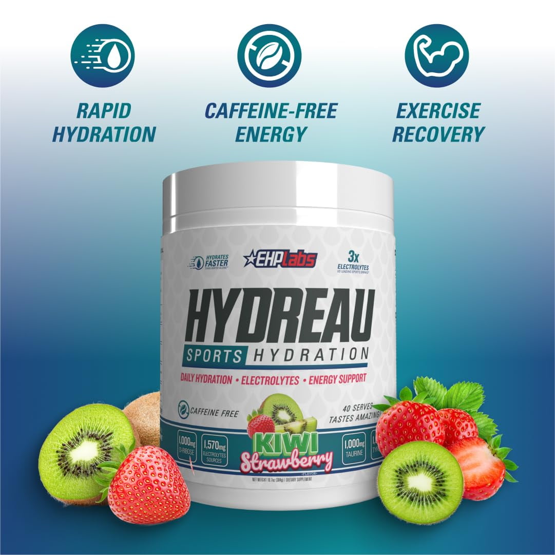 EHP Labs Hydreau Electrolytes Powder No Sugar - Hydration Powder for Endurance & Energy - Electrolyte Powder for Men & Women - Sugar Free Electrolytes - Kiwi Strawberry (40 Serves)