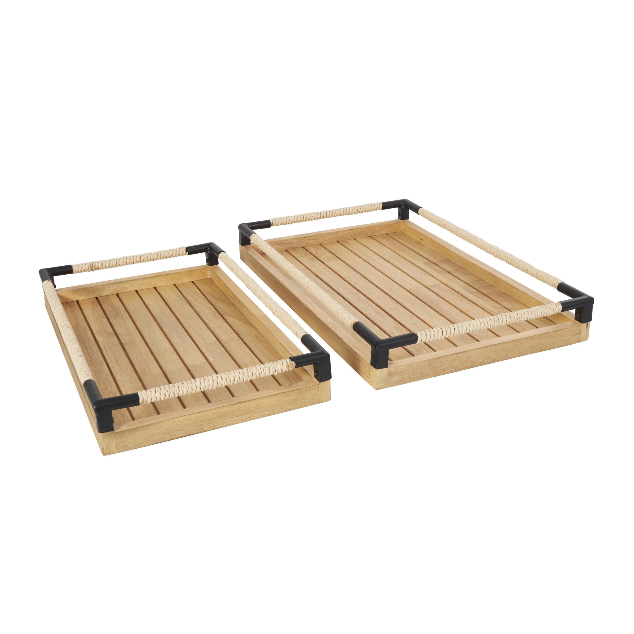 DecMode 19", 16"W Brown Wood Slatted Tray with Elevated Woven Sides and Black Metal Corners, 2-Pieces