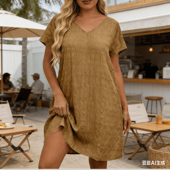 CYRBOKO Women's Plus Size Dresses, V-Neck Summer Short Sleeve Casual Holiday Dresses Midi Brown Size 2XL