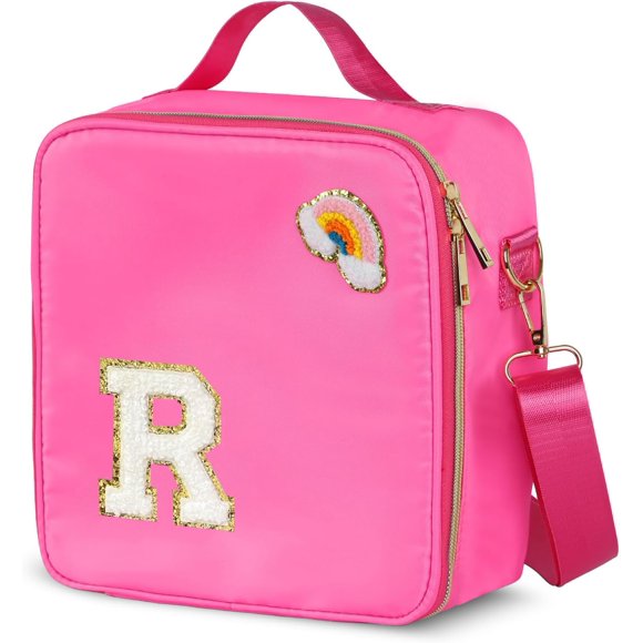 shiyou-Insulated Nylon Lunch Box for Girls, Kids, and Women-Stylish (Letter 'R'),Pink Preppy Large Lunch Bag with Adjustable Strap, Tote for School, Travel, and Picnics-Ideal Preppy Stuff Choice