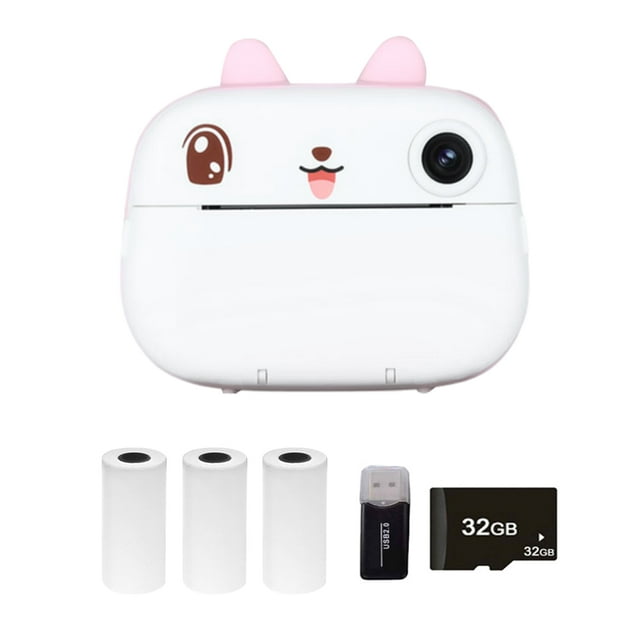 Kids Camera Instant Thermal Printer 2.4 Inch Screen Dual Camera Support Timer Shooting 1080P Video Recording Thermal Inkless Printing with 3 Rolls White Print Paper+32G Memory Card+Card Reader