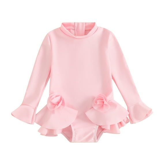 Bagilaanoe Toddler Baby Girl One-Piece Swimsuit Flower Print Long Sleeve Zipper Rashguard Swimwear 12M 24M 3T 4T 5T 6T Kids Ruffle Bathing Suit