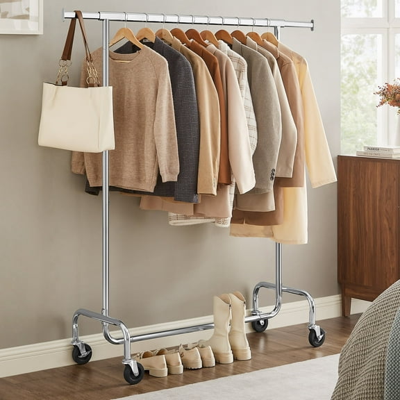 300lb Clothing Rack Heavy Duty Clothes Rack on Wheels Garment Rack Rolling Coat Rack for Bedroom Living Room Silver