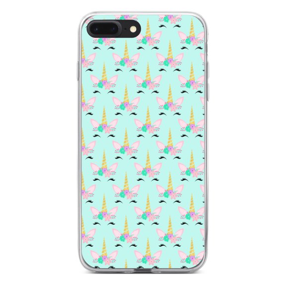 DistinctInk Clear Shockproof Hybrid Case for iPhone 7 PLUS / 8 PLUS (5.5" Screen) - TPU Bumper, Acrylic Back, Tempered Glass Screen Protector - Pastel Unicorn Pattern - Teal Pink Purple