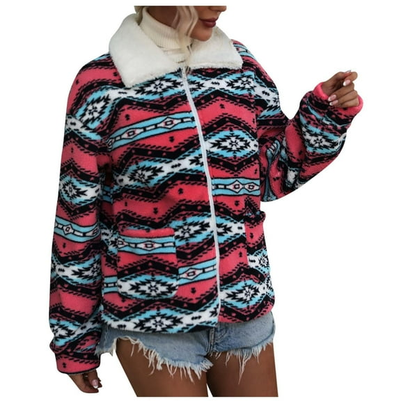 Lilgiuy Women's Printing Lapel Zipper Pocket Recreational Long Sleeve Tops Winter Fashion 2022