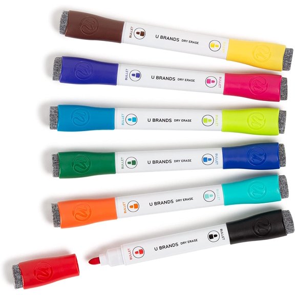 Fine Tip Dry Erase Markers with Eraser, Magnetic Double-Ended Whiteboard Markers, Low Odor, Assorted Bright Colors, Set of 12