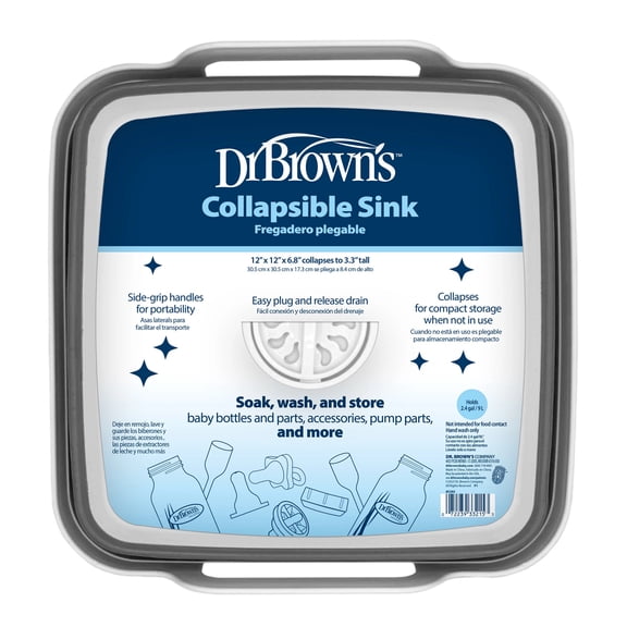 Dr. Brown's Collapsible Sink with Plug and Release Drain, BPA-Free, 2.4 Gallons, White/Gray, 1-Pack