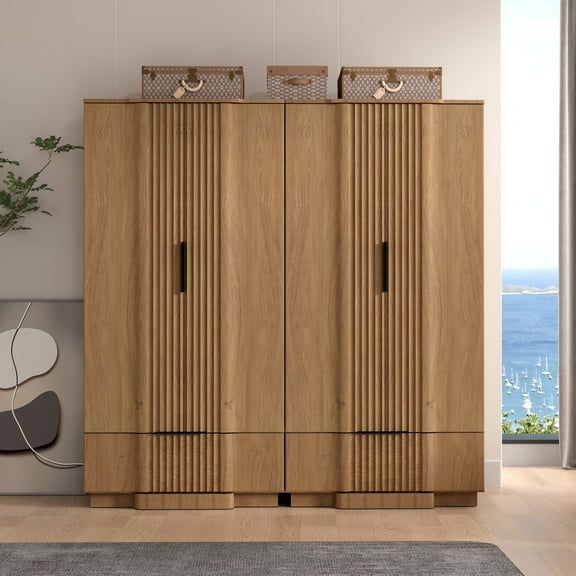 Brafab Fluted Armoire Wardrobe with Hanging Rod,Wooden Storage Closet, Freestanding Spare Closet Organizer Tall Cabinet for Coats and Clothes