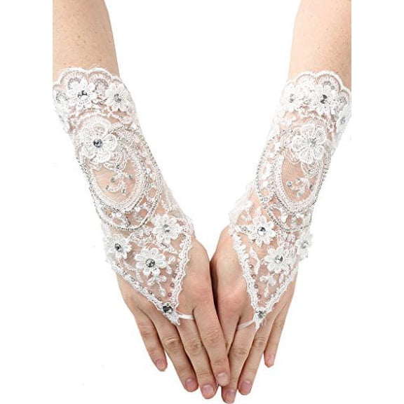 White Wrist Length Fingerless Gloves Lace & Satin Tie Tape White CC GL-03