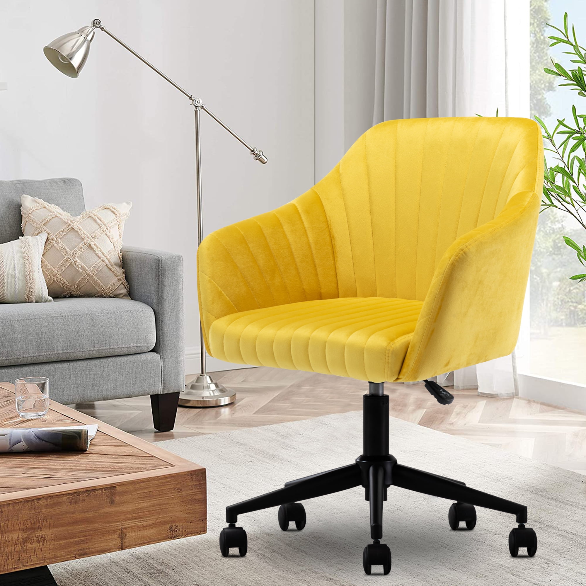 SYNGAR Tufted Vanity Chair with Wheels, 360° Swivel Upholstered Computer Task Chair, Upholstered