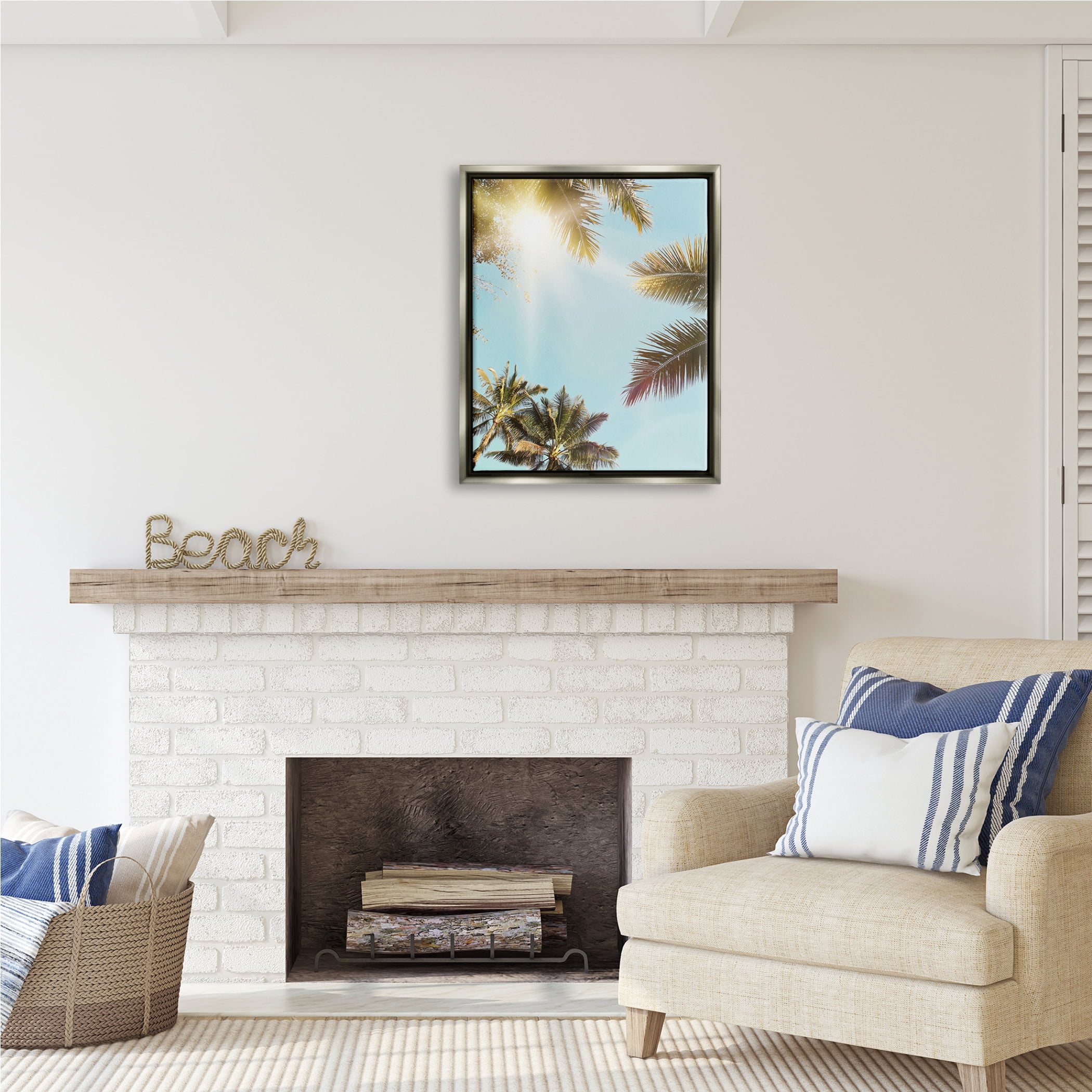 Stupell Industries Sunny Palm Leaves Photography Nature Photography Gray Floater Framed Art Print Wall Art, 25 x 31