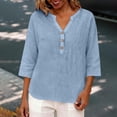 thumbnail image 6 of Linen Tops for Women Plus Size Gauze Summer Shirts V Neck Short Sleeve Button Blouses Loose Fit Casual Dressy Tunics Light Blue L, 6 of 8