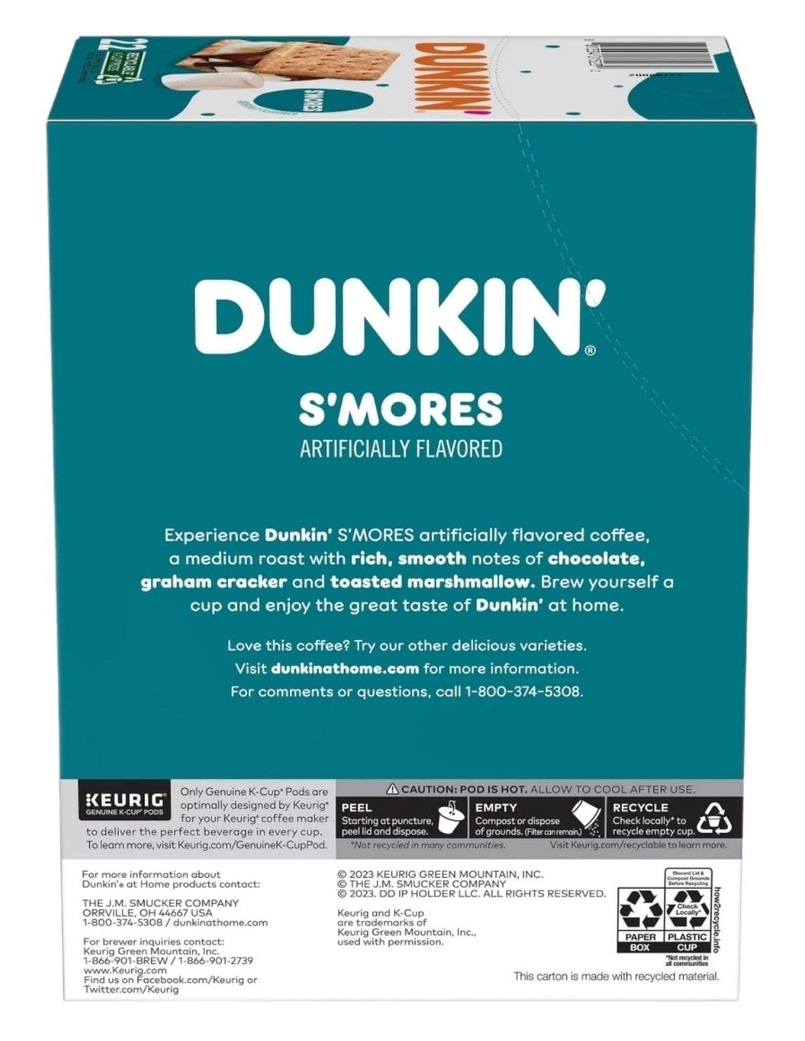 Dunkin Smores Flavored Coffee K Cups 2 Pack, 22 K Cups Per Box
