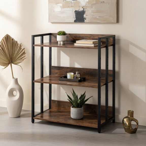 Spaco 3-Tier Corner Bookcase with Adjustable Shelves and Metal Frame-Rustic Brown, Tall Bookshelf, Shelves for Living Room, Home Office, Bedroom, Balcony