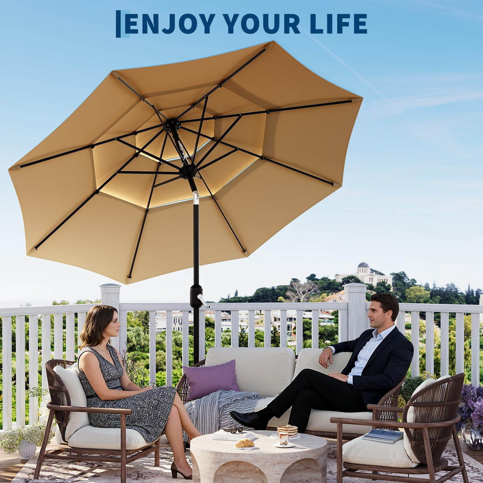QinaQin Vented Patio Umbrella,8 Sturdy Ribs,Easy Crank & Tilt,Outdoor Market Table Parasol,Brown