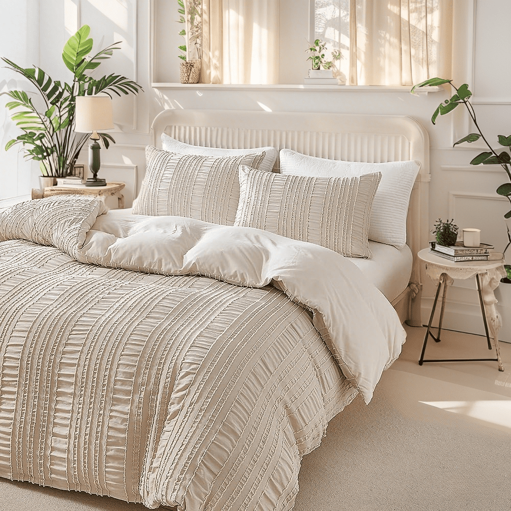JOLUSERE Khaki Duvet Cover King Sets, 3 Pieces Soft Breathable Striped Textured Comforter Cover Set