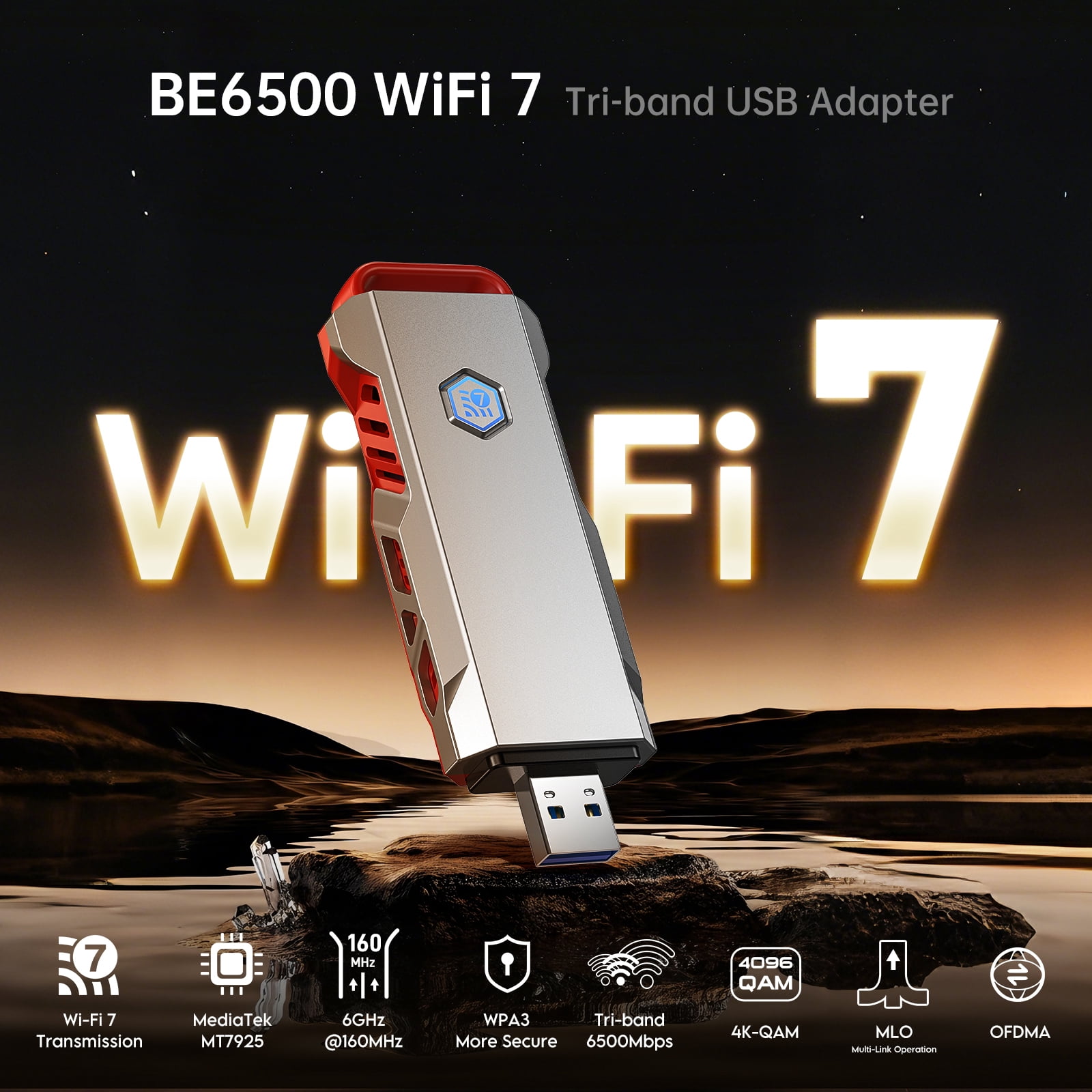Prociv, WiFi 7 USB Adapter, AX6500M, Tri-Band 6GHz/5GHz/2.4GHz