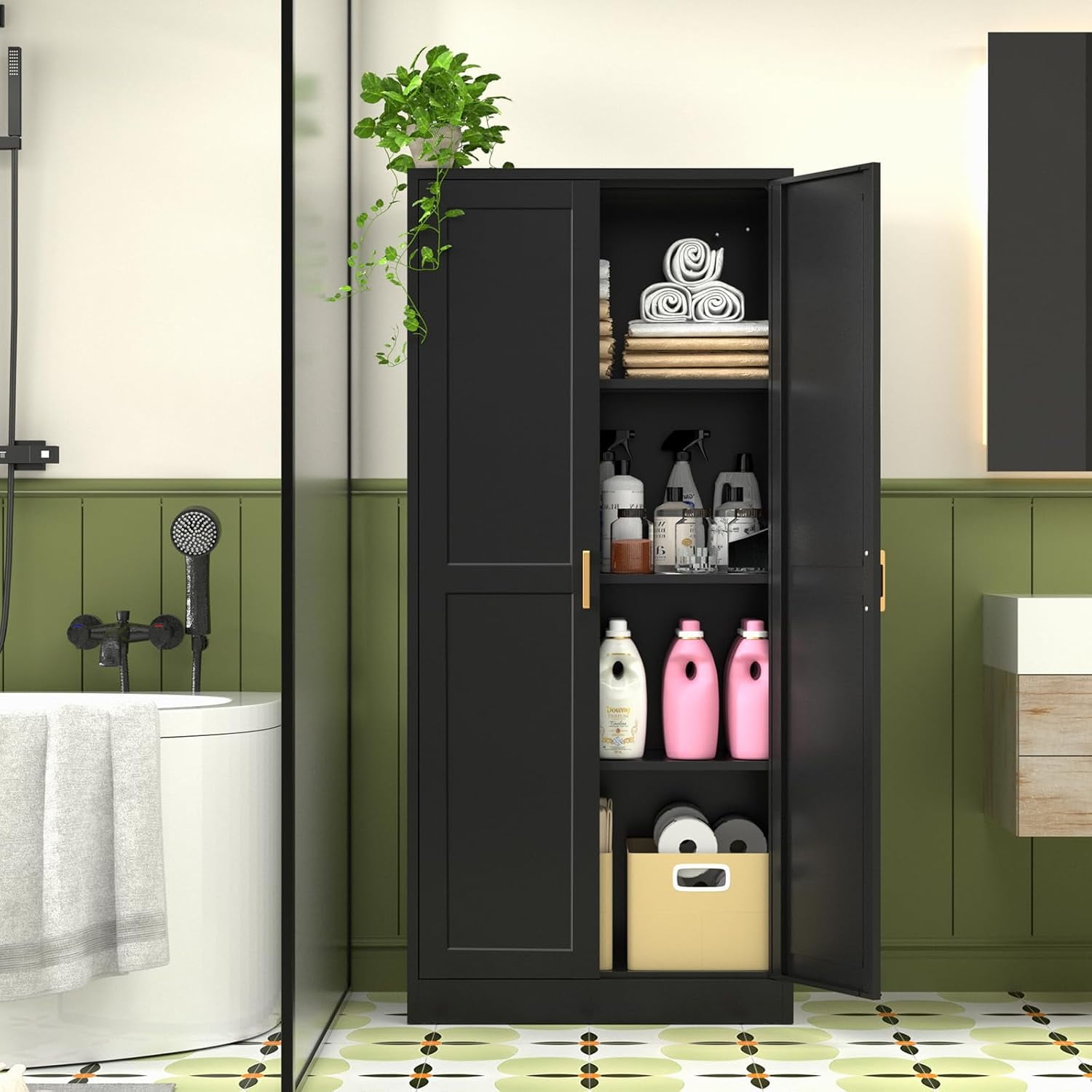 Polup 60'' Tall Metal Pantry Cabinet Cupboards with Doors Adjustable Shelves Black Cabinet Office