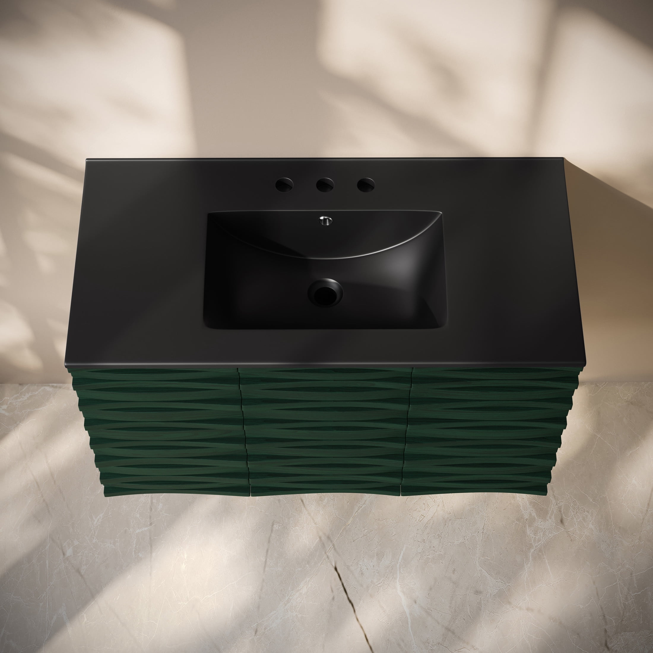 Cascade 36" Wall-Mounted Bathroom Vanity in Green Oak with Black 3-Hole Widespread Sink Top