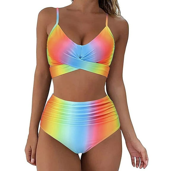 MSJUHEG Swimsuit Sets,Bikini Swimsuit,High Waisted Bikini Sets for Women,Halter Swim Shorts Split Push Up Two-Tankini Swimwear,Bikini Sets for Women,Bathing Suit for Women Bikini Multi-color L