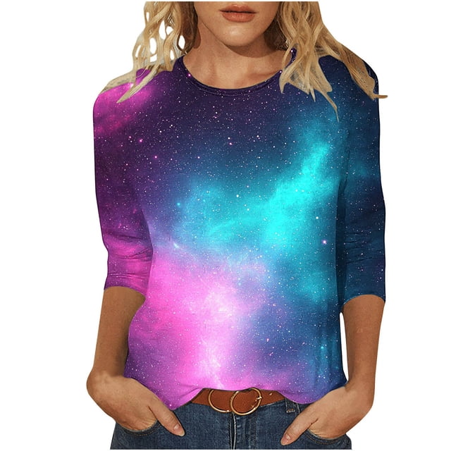 Camiseta de Trabajo de Manga 3/4 para Mujeres Crewneck Espacio Impresión Casual Suave Blusa Elástica para Verano Primavera