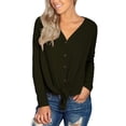 thumbnail image 3 of JWD Womens Loose Blouse Long Sleeve V Neck Button Down T Shirts Tie Front Knot Casual Tops Army Green S, 3 of 5