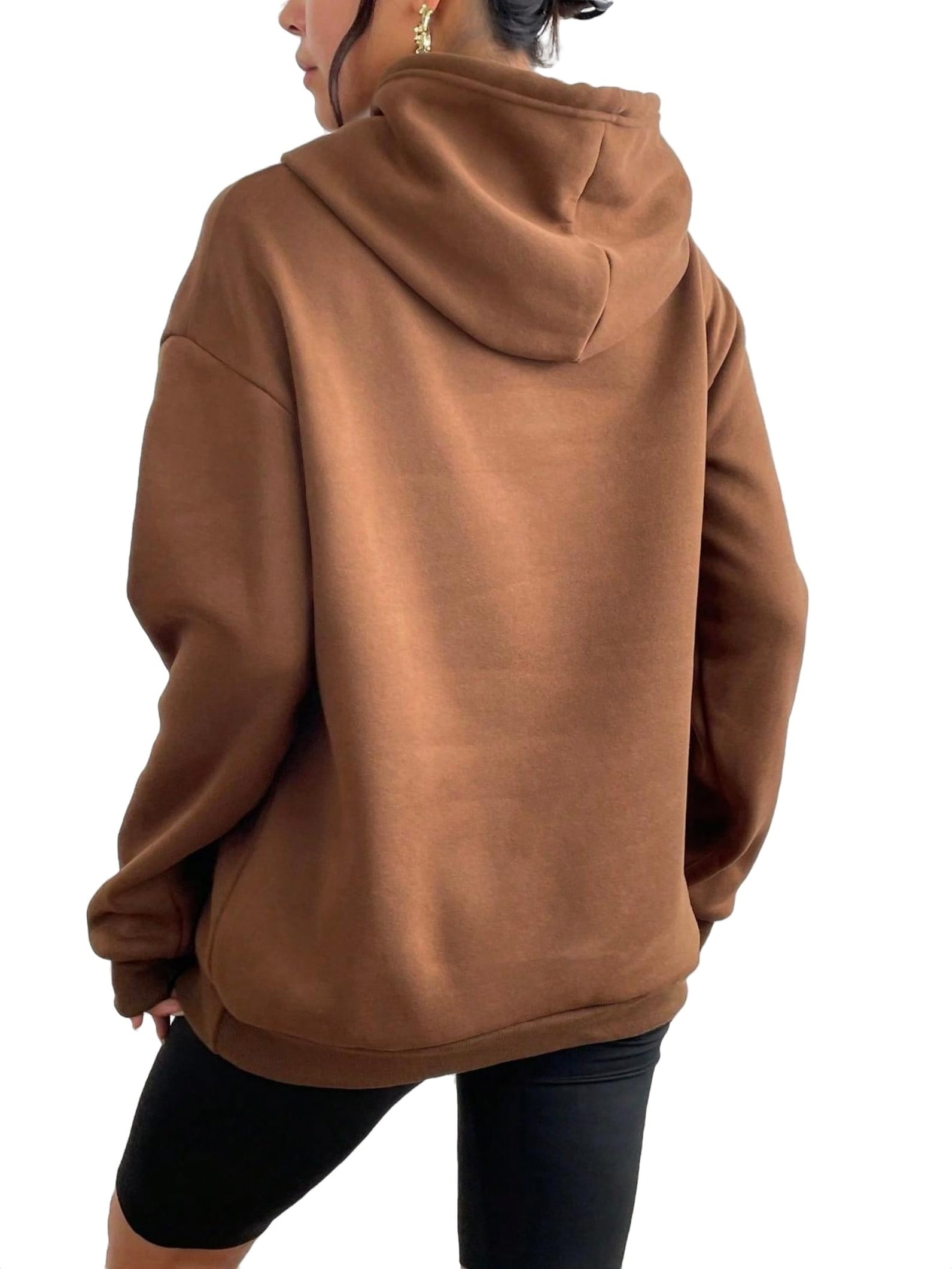 Casual Plain Hooded Pullover Brown Women Sweatshirts