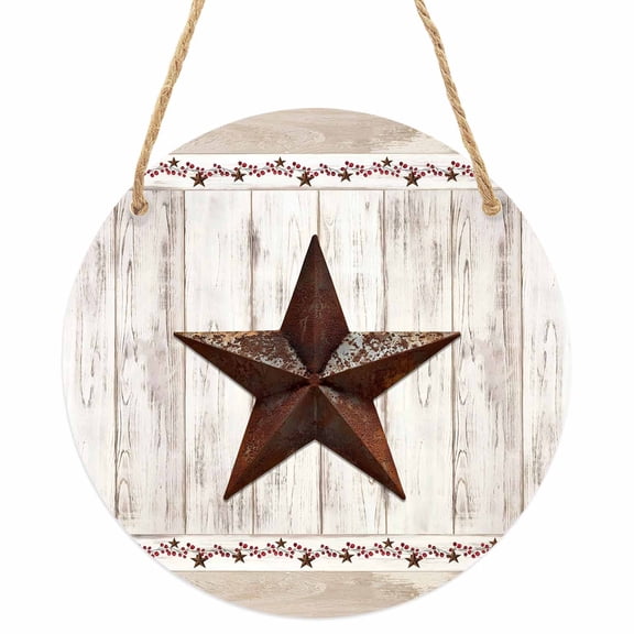 Farmhouse Round Front Door Welcome Sign, 7.8 Inch Wall Hanging Decor for Indoor Outdoor, Rustic Brown Country Star Barn Berry Wooden Home Porch Hanger Decorations for Holiday Gift