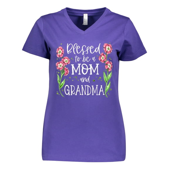 Inktastic Blessed to Be a Mom and Grandma Pink Flowers Women's V-Neck T-Shirt