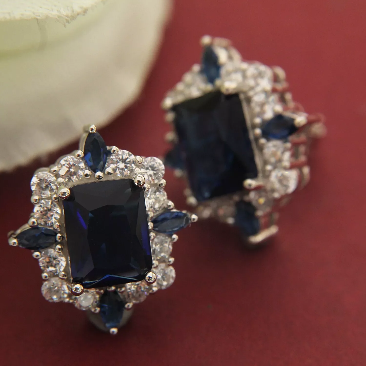 4 Ct Emerald Cut Cubic Zirconia Sapphire Halo Stud Earrings in 14K White Gold Over Sterling Silver – Elegant Gift Jewelry