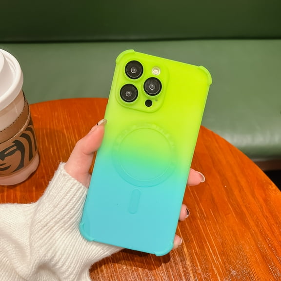 for iPhone 14 Plus (6.7 inch) Two-color Gradient Magnetic Case Compatible with MagSafe,Built-in Camera Lens Protect Film,Shockproof Anti-Scratch Fashion Silicone Phone Case,Green Blue