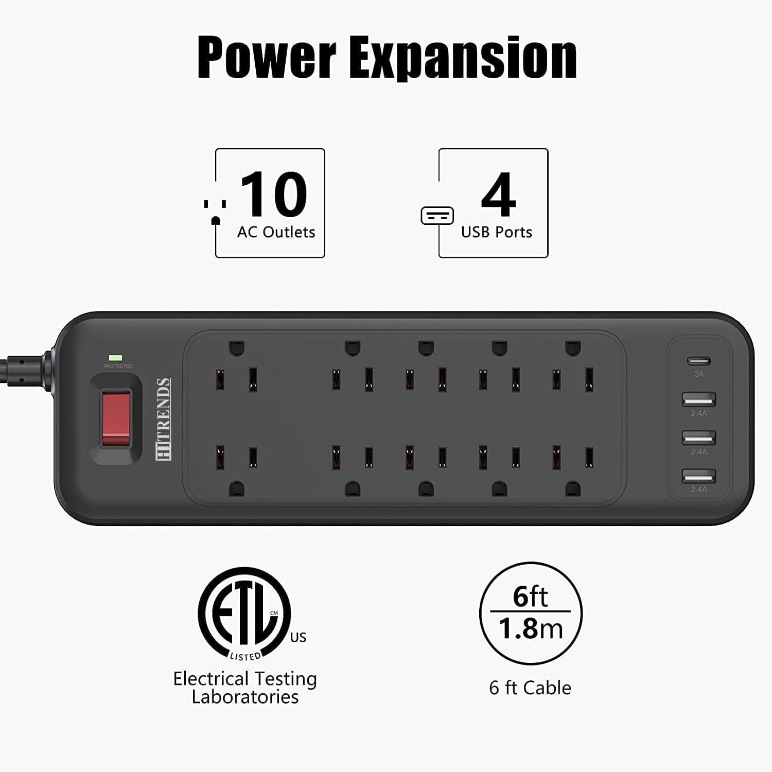 HITRENDS Surge Protector Power Strip - 12 AC Outlet 6ft Extension Cord, 5 USB Ports for Home Office, Black