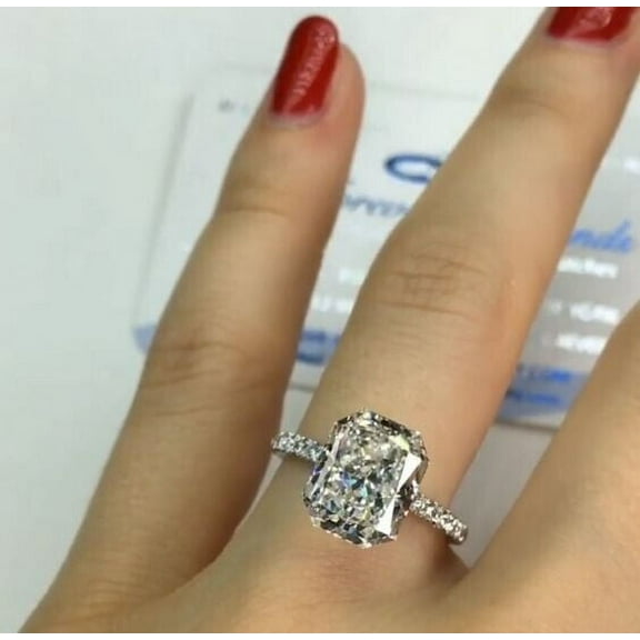 3Ct Radiant Cut Lab Created Diamond Solitaire Cocktail Ring 14K White Gold Plated Silver