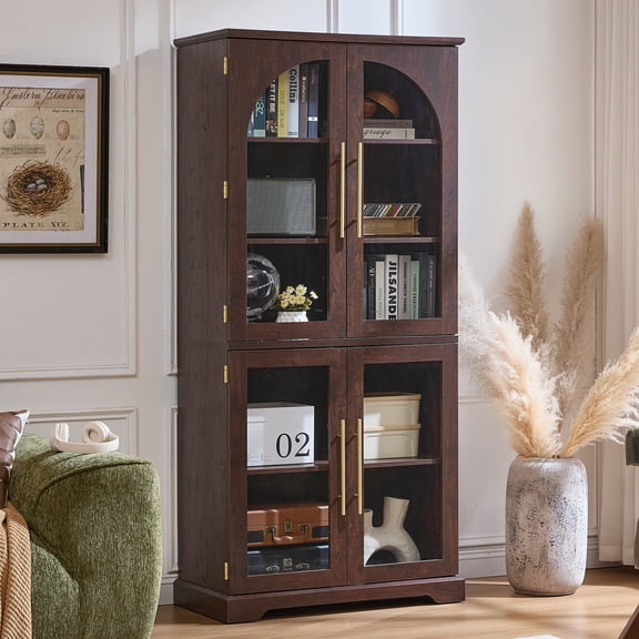 72" Tall Bookcase with Arched Glass Doors, 5 Tier Display Bookshelf Storage Cabinet, Modern Floor Standing Organizer for Home Office Living Room, Walnut