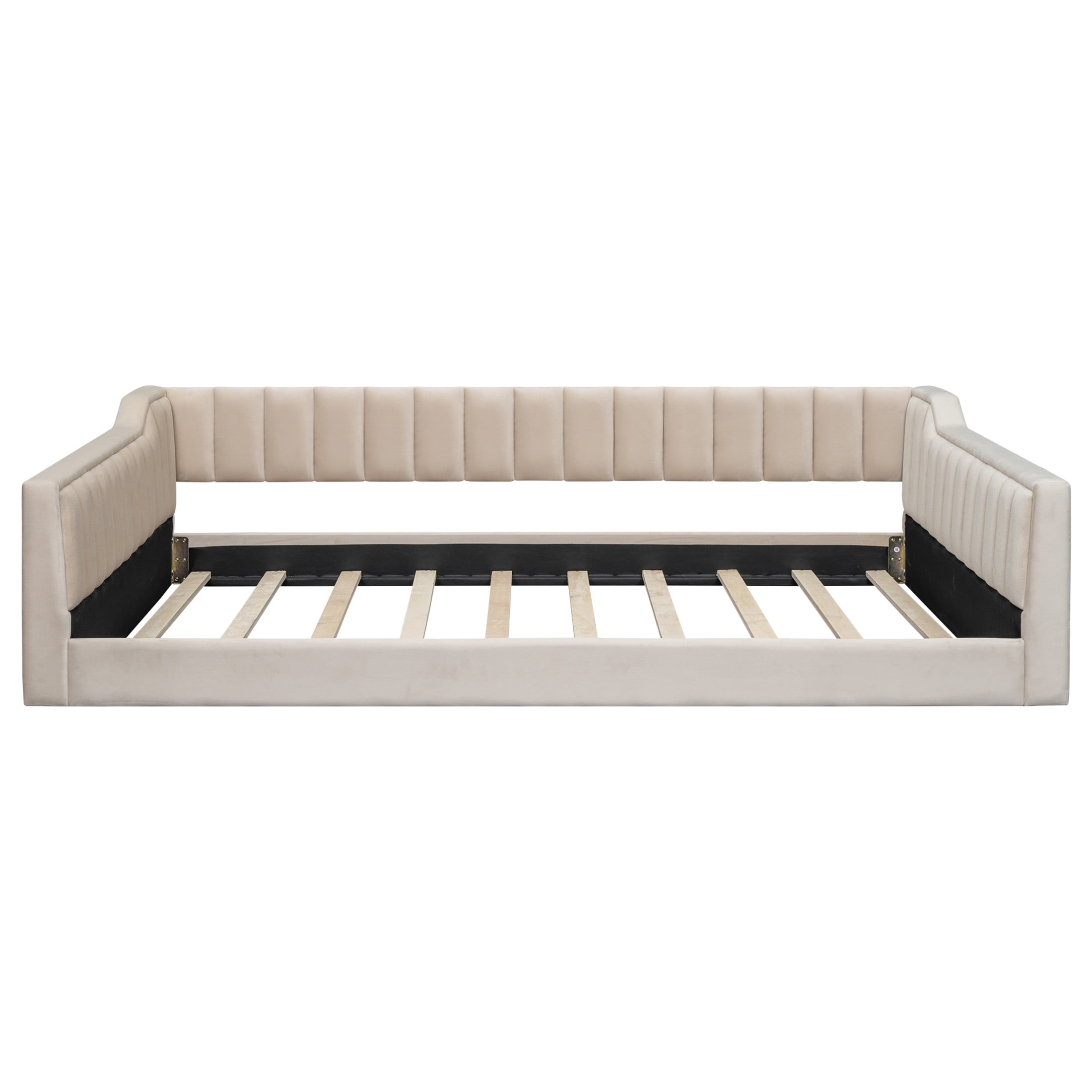 Noble House Full XL Upholstered Daybed, Velvet Vertical Channel Tufting with Side Storage Pocket, Space Saving, Beige